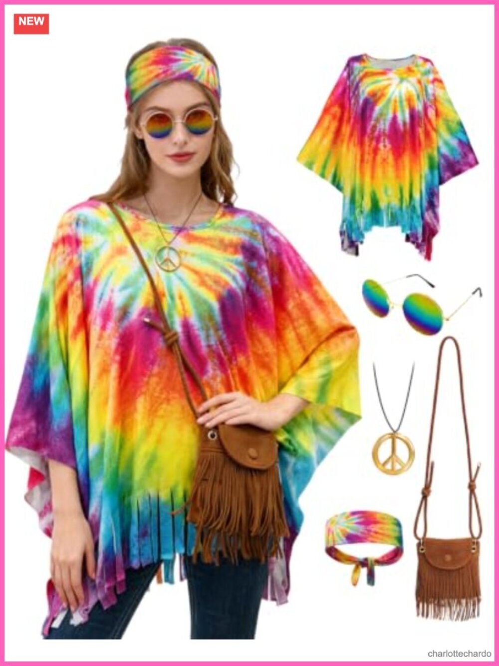 Tie Dye Hippie Poncho Costume Set with Headband Sunglasses Necklace Bag